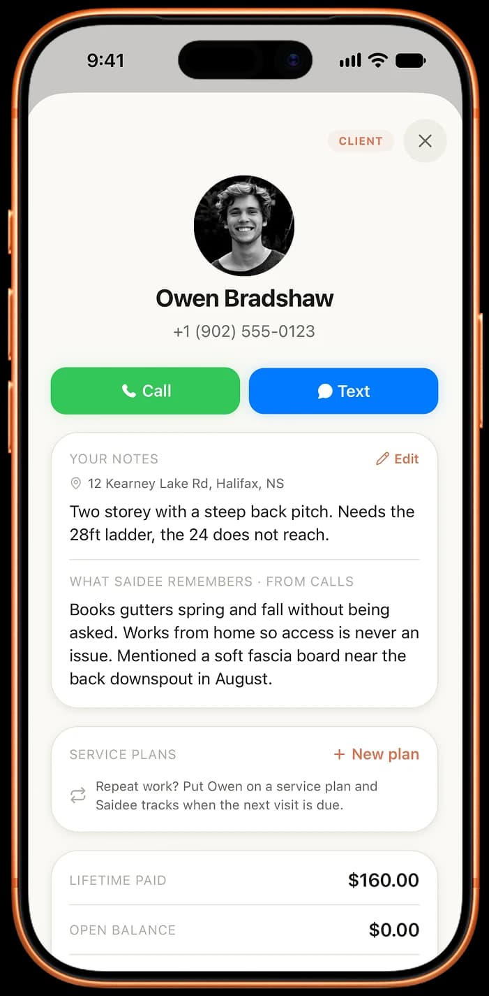 Saidee app on iPhone: a client card with your notes and what Saidee remembers from their calls