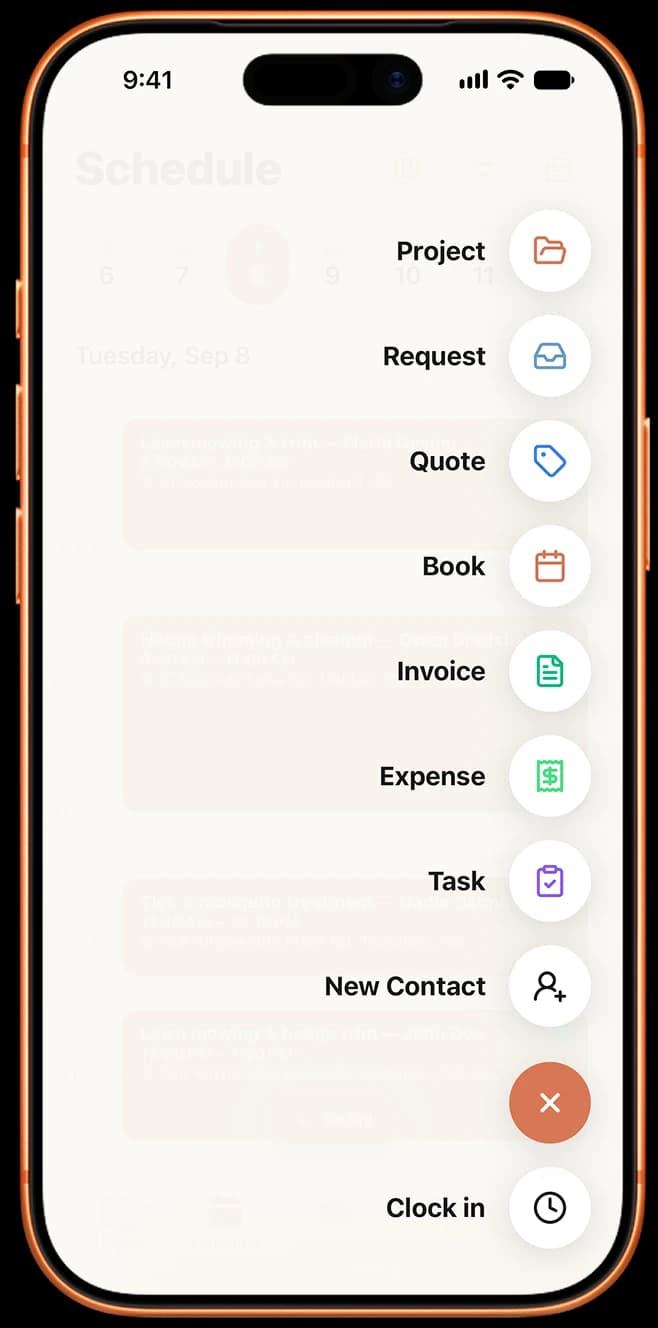 Saidee app on iPhone: the add menu with project, request, quote, booking, invoice, expense, task and contact