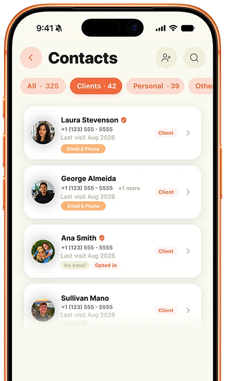 The Saidee app showing a contact list of clients with phone numbers and last visit dates